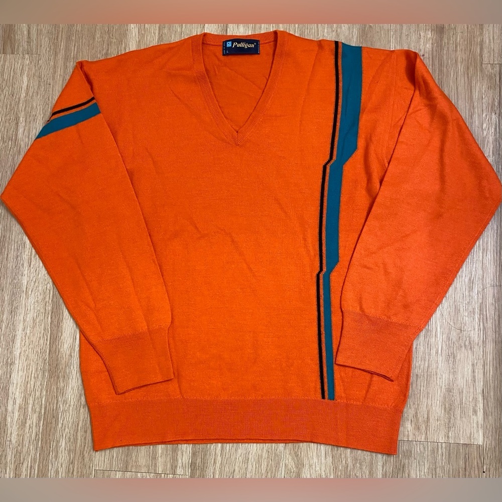 Men's V-Neck Orange Sweater with Stripe